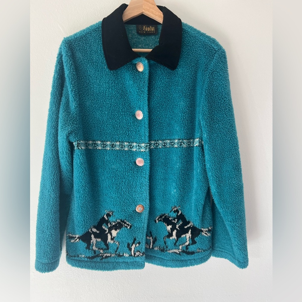 David Paul New York Vintage Teal Fleece Cowboys On‎ Horses Shacket Size Small